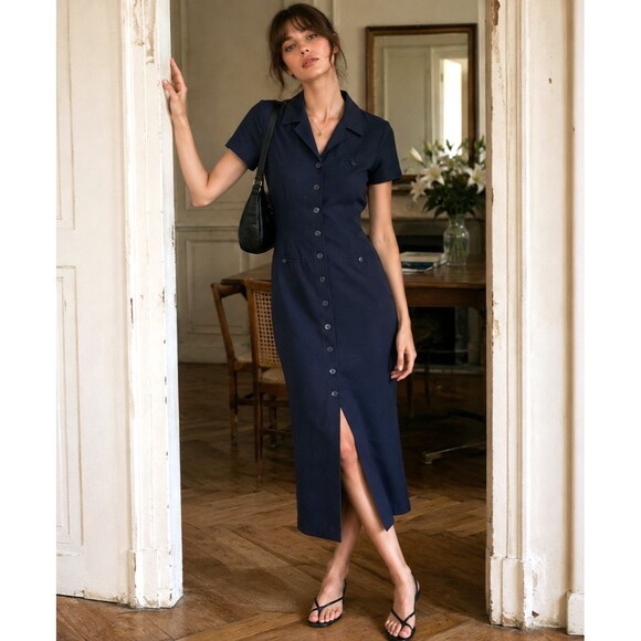Amanda Smith Dresses & Skirts - Vintage Y2K Amanda Smith Shirt Dress Collared Short Sleeve Button Front Navy 8